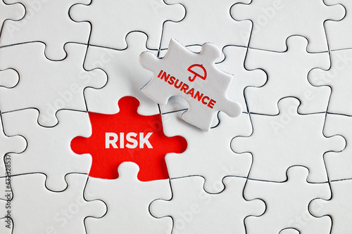 The words risk and insurance on missing puzzle pieces. Reducing or overcoming risks by insurance