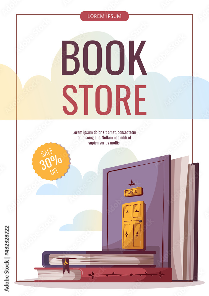 Vettoriale Stock Promo sale flyer with books. Bookstore, bookshop, library,  book lover, bibliophile, education concept. A4 vector illustration for  poster, banner, flyer, advertising, sale, cover. | Adobe Stock