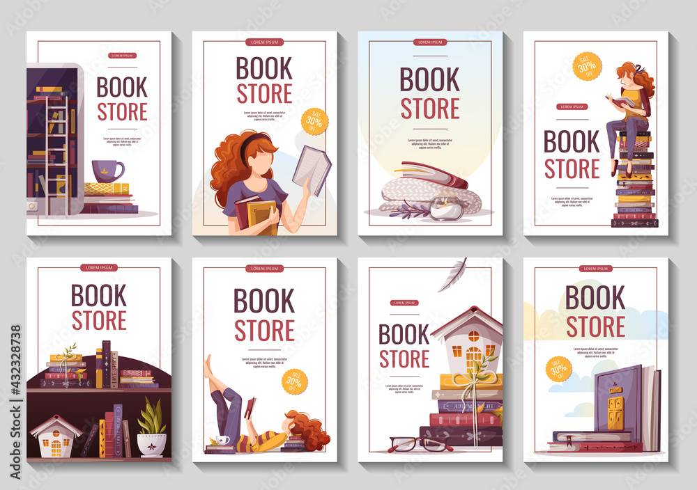 Set of banners with reading women and books. Bookstore, bookshop, library, book lover, bibliophile, education concept. A4 vector illustration for poster, banner, flyer, card, cover, advertising.