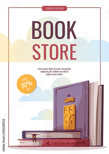 Promo sale flyer with books. Bookstore, bookshop, library, book lover, bibliophile, education concept. A4 vector illustration for poster, banner, flyer, advertising, sale, cover.