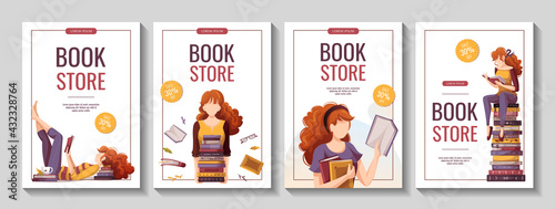 Set of banners with reading women and books. Bookstore, bookshop, library, book lover, bibliophile, education concept. A4 vector illustration for poster, banner, flyer, card, cover, advertising.