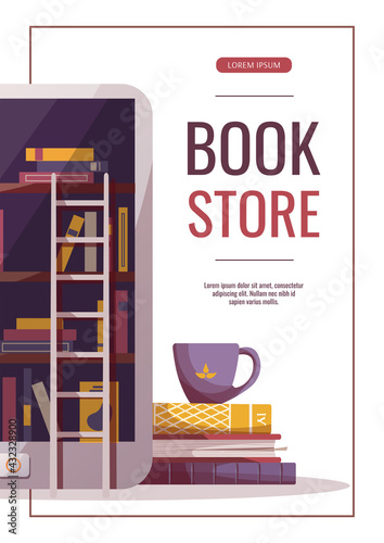 Electronic reader, stack of books, cup. Bookstore, bookshop, e-book, library, book lover, bibliophile, education concept. A4 vector illustration for poster, banner, flyer, advertising.