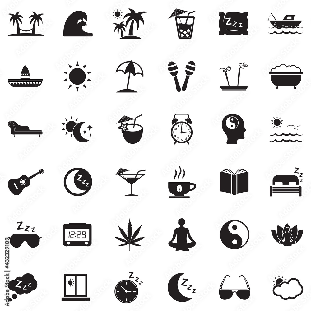 Siesta Icons. Black Flat Design. Vector Illustration. Siesta Icons. Black Flat Design. Vector Illustration.