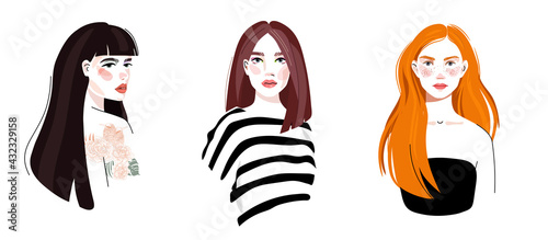 Set of portraits of women of different race gender and age. Diversity. Vector flat illustration. Avatar for a social network.  Vector flat illustration
