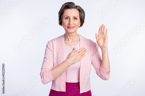 Bild auf Leinwand Photo of aged woman happy positive smile hold hand swear promise make oath promi