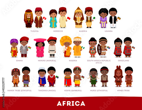 Africans in national clothes. Africa. Set of cartoon characters in traditional costume. Cute people. Vector flat illustrations.