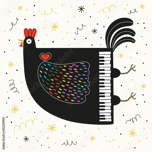 Vector illustration with flying black chicken with piano keys. Musical print design, concert cartoon style poster template with animal