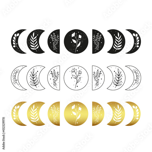 Moon phases vector, Celestial  designs with moon phase,  boho vector, bohemian print for shirt,  phase of the moon
 photo