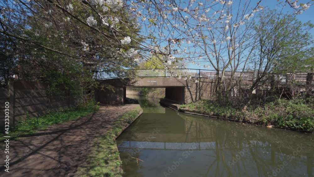 A British canal scene with concrete bridge, tree blossom and passing van