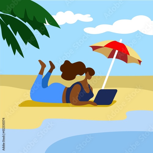 The girl lies on the beach with a laptop. Flat illustration.