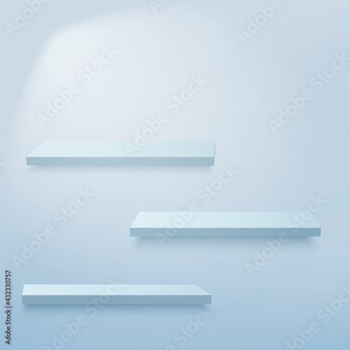Abstract background with 3d blue empty shelves on the wall. Vector