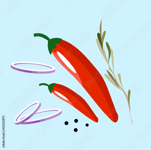 Vector chili pepper red and rosemary spices with flat style.