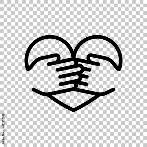 Hands hug the heart, love yourself, take care about health. Black editable linear symbol on transparent background