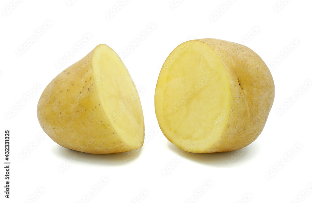 Raw potato cut in half, Organic vegetable, Isolated on white background, Cut out with clipping path