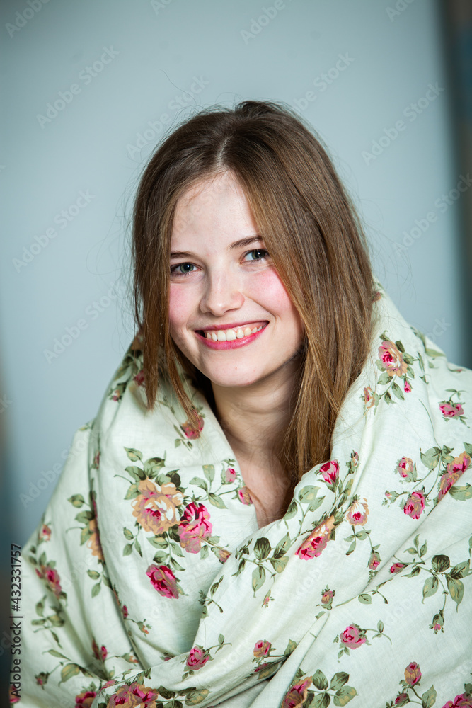 Young beautiful white woman awaking in light room. Relaxed woman lying in bed and drink tea. Good morning concept. Russian girl. Young beautiful white woman awaking in light room. Relaxed woman lying in bed and drink tea. Good morning concept. Russian girl.