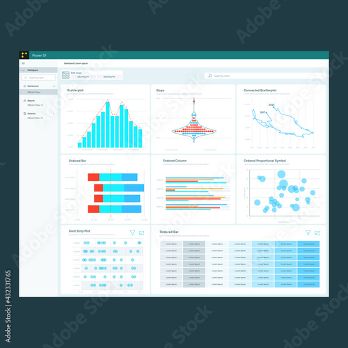 Dashboard design. Graphs Data report. Power bi. Business. EPS10