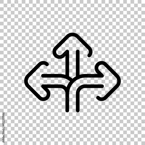 Three-way direction, make a choice, 3 arrows pointing in different directions, simple icon. Black editable linear symbol on transparent background