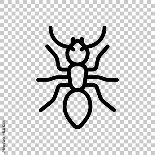 Simple ant, icon or logo. Black editable linear symbol on transparent background