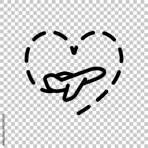 Plane and heart, love of travel, simple business icon. Black editable linear symbol on transparent background