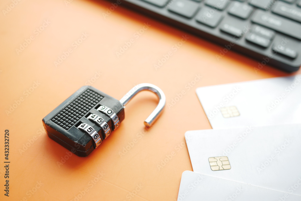 Fototapeta premium padlock on credit card, Internet data privacy information security concept