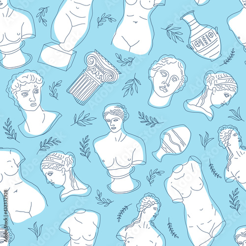 Ancient Greece and Rome set tradition and culture vector seamless pattern. The linear trend of the ancient surface pattern, Ancient Greece and Ancient Rome. Surface pattern on blue.