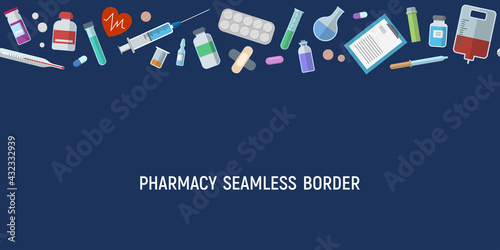 Seamless horizontal border pattern with medical items. Health care medical background. Syringe, pills, vials, lab tests, dropper, thermometer and more. Vector color pharmacy background.