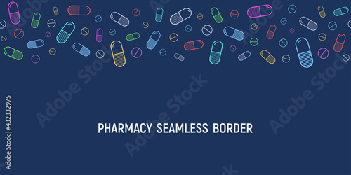 Seamless horizontal border vector pattern with outline colored pills, tablets, isolated on dark blue background. Medical preparations. Color illustration.