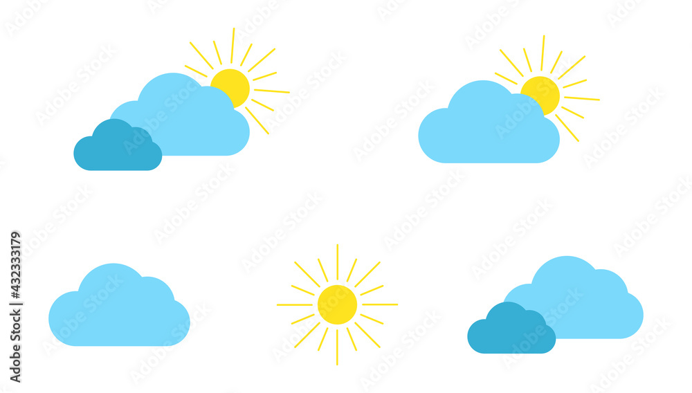 Set with different weather icons. Icons of sun and cloud on a white background. Sunny vector logo.
Set with different weather icons. Icons of sun and cloud on a white background. Sunny vector logo.