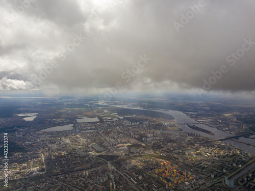 The city of Kiev in cloudy weather. Aerial high view.