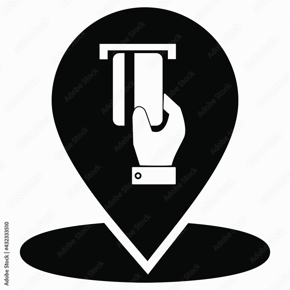 Location and bank card icon. GPS ATM. Payment by card. Geotag of cashless settlement. Vector icon. Location and bank card icon. GPS ATM. Payment by card. Geotag of cashless settlement. Vector icon.