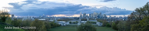 Canary Wharf Business District in East London from Greenwich Park, Greenwich, London - London Skyline Panorama Spring 2021