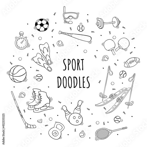Hand drawn sport equipment icon set in doodle style. Vector illustration isolated on white background.