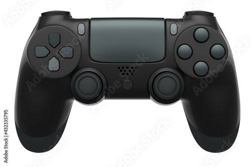 Realistic black video game controller on white background
