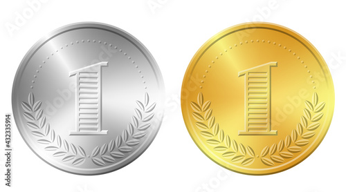 One gold and silver coins vector illustration. Realistic money icon isolated on white background.
