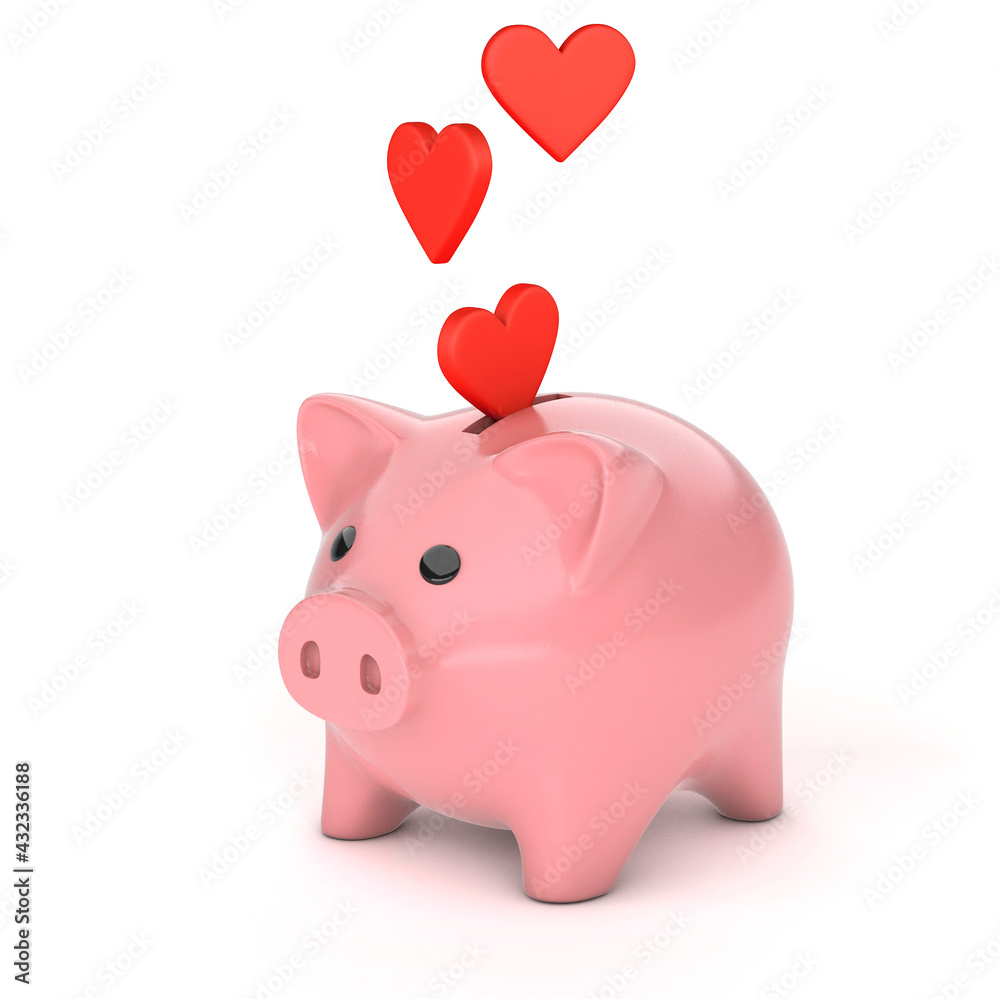 Hearts fall into the piggy bank. Charity and aid concept. isolated on white background. 3d render Hearts fall into the piggy bank. Charity and aid concept. isolated on white background. 3d render