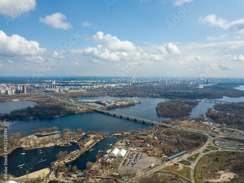 Dnieper river in Kiev in the afternoon. Aerial drone view.