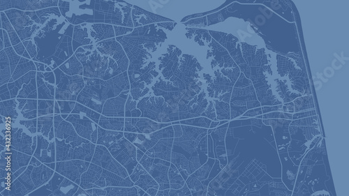 Blue Virginia Beach city area vector background map, streets and water cartography illustration.