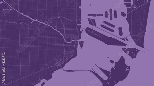 Purple Miami city area vector background map, streets and water cartography illustration.