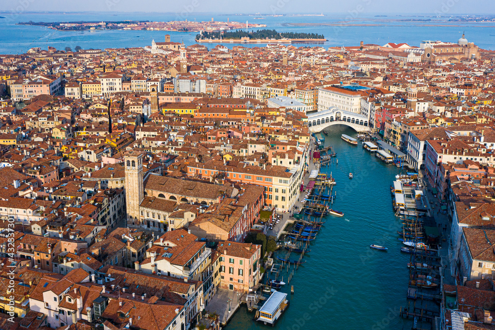 Venice, Rialto Bridge and Grand canal  from the sky, aerial view