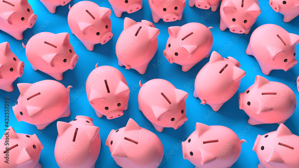 Crowd of pink piggy banks on a blue background. Top view. 3d render - obrazy, fototapety, plakaty 