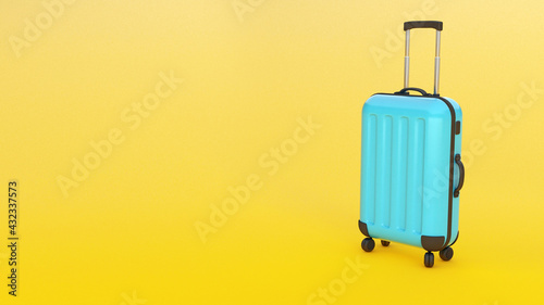 Blue suitcase on a yellow background. Copy space for text. 3d render