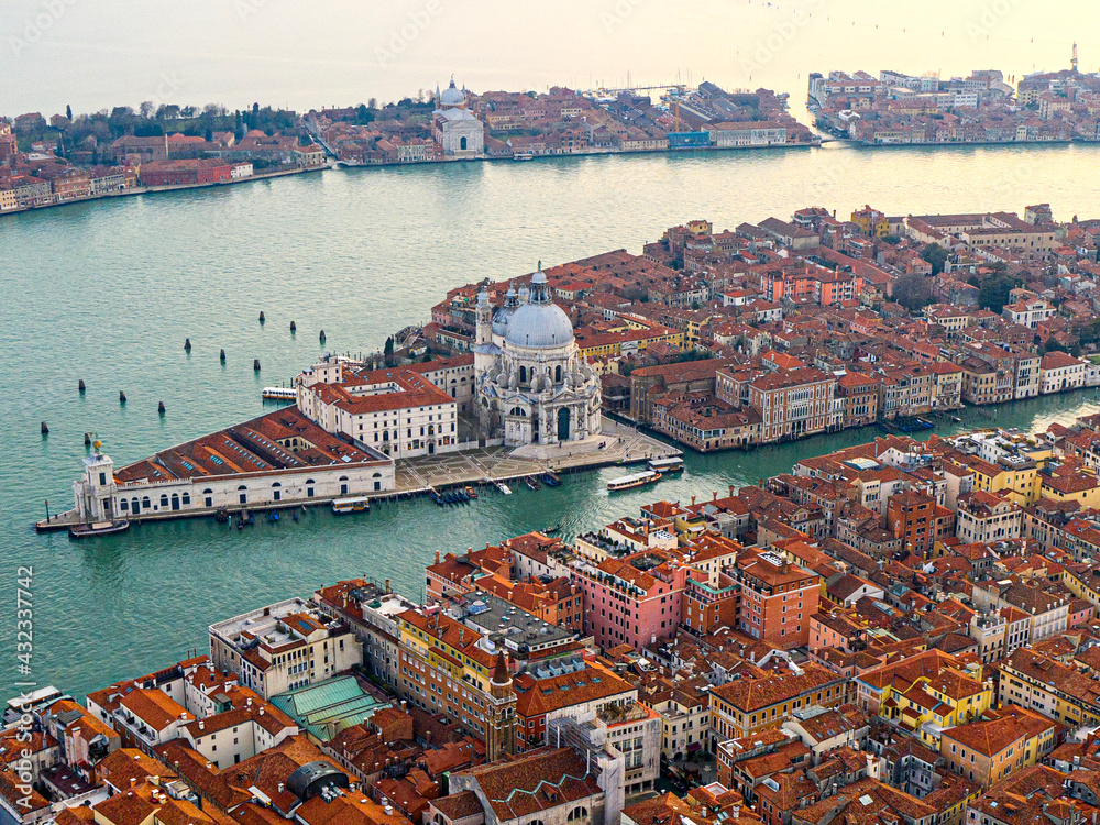 Aerial view of the Grand Canal, Basilica Santa Maria della Salute and giudecca island, Venice, Italy