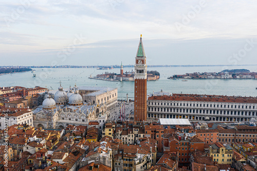 Panoramic aerial view of Venice, San Marco Campanile and Basilica Santa Maria della Salute. Italy