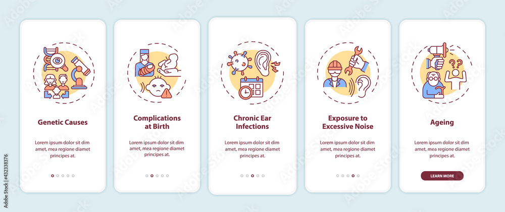 Hearing loss causes onboarding mobile app page screen with concepts. Genetics, birth complications walkthrough 5 steps graphic instructions. UI, UX, GUI vector template with linear color illustrations