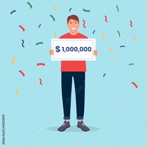 Happy man standing with check for one million dollars in hands. Bib win lottery,winner.Money and business, finance success rich, lottery and award, vector illustration