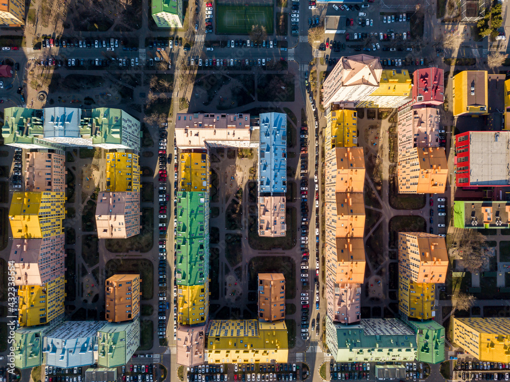 Multi-colored residential buildings. Aerial drone view.