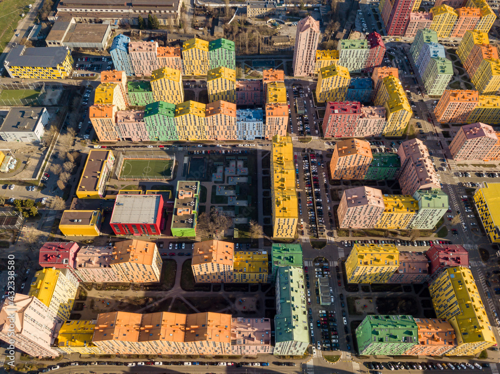 Multi-colored residential buildings. Aerial drone view.