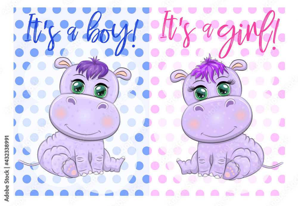 Obraz premium Two Cute cartoon hippo with beautiful eyes among flowers, hearts, a boy and a girl. baby shower invitation card