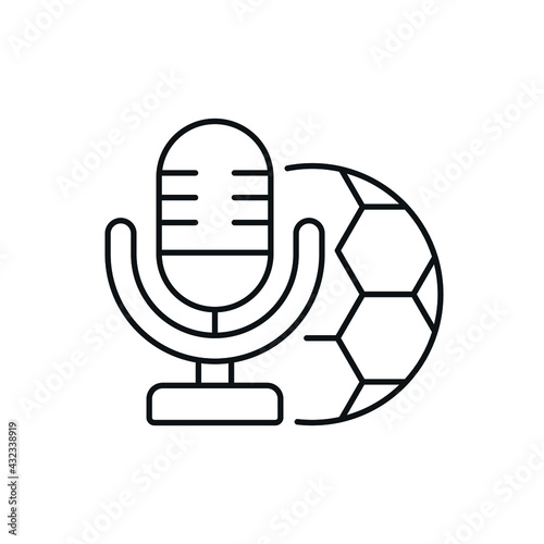 Microphone and soccer ball linear icon. Sport Podcast. Thin line customizable illustration. Contour symbol. Vector isolated outline drawing. Editable stroke