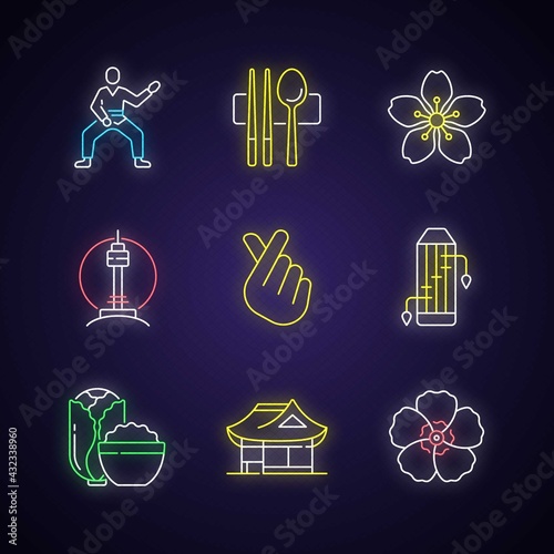 Korean culture neon light icons set. Taekwondo fighter. Sujeo utensils. Cherry blossom. N Seoul tower. Gayageum, kimchi. Signs with outer glowing effect. Vector isolated RGB color illustrations